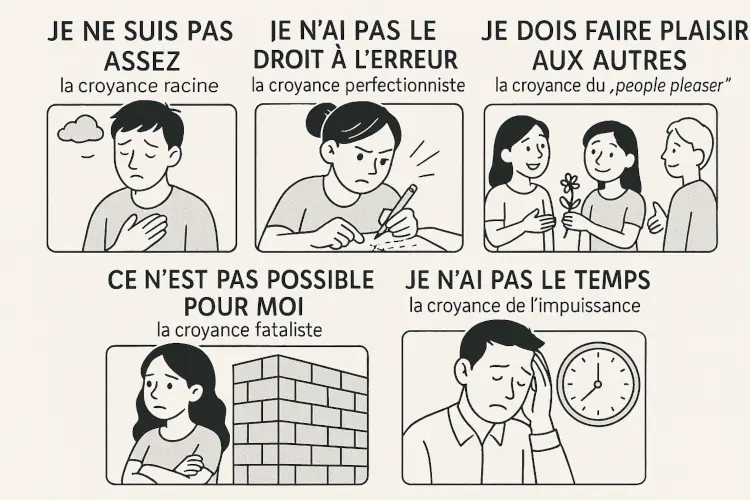 Les 5 croyances courantes : je ne suis pas assez, je n'ai pas droit à l'erreur, je dois faire plaisir aux autres, ce n'est pas possible pour moi, je n'ai pas le temps