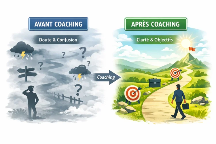 Avant coaching (doute & confusion) et après coaching (Clarté & objectifs)