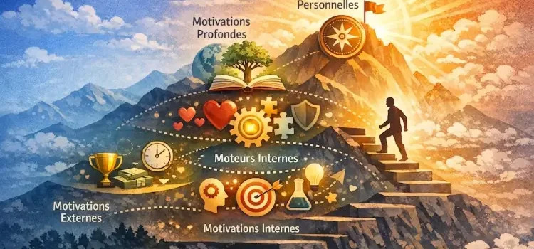 Illustration symbolisant les motivations externes, motivations internes, moteurs internes, motivations profondes et valeurs personnelles dans le développement personnel