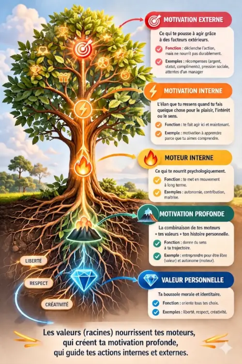 Illustration symbolisant les motivations externes, motivations internes, moteurs internes, motivations profondes et valeurs personnelles dans le développement personnel